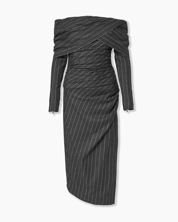 Off-Shoulder Pinstripe Midi Dress